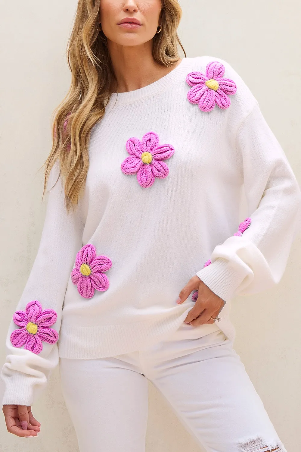 Crochet Flower Round Neck Long Sleeve Sweater, image 8