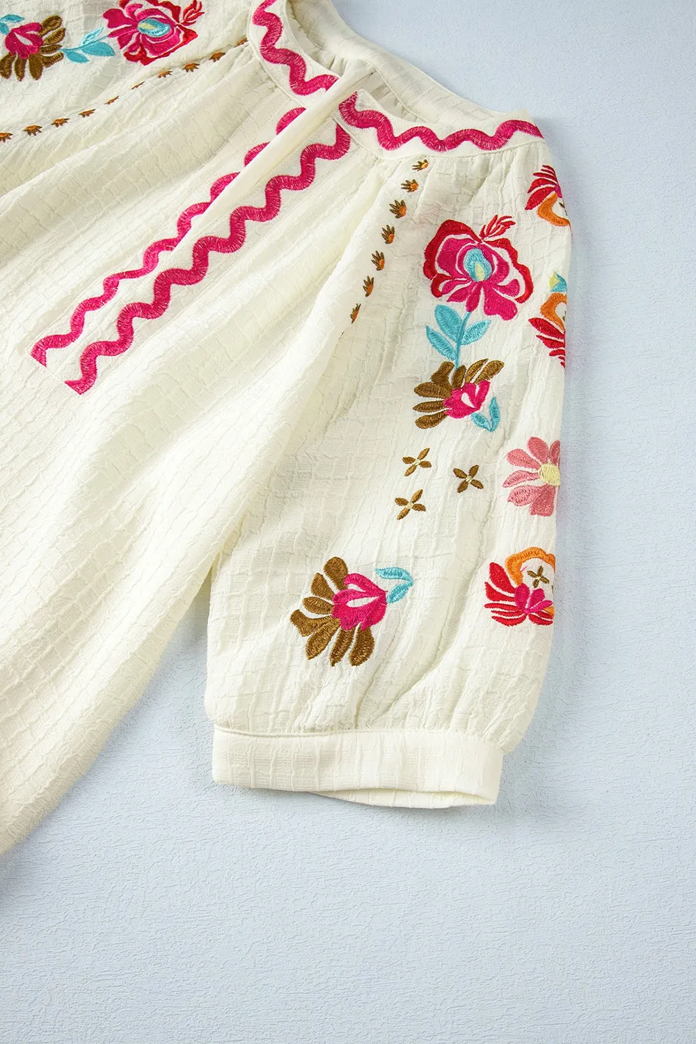 Floral Embroidered Notched Puff Sleeve Blouse, image 16