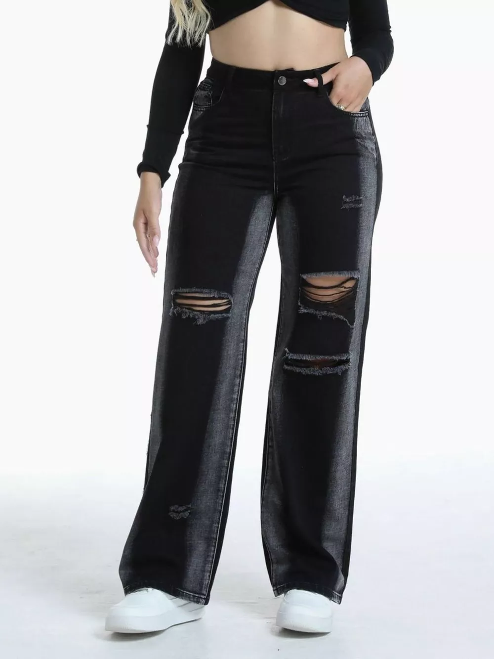 Distressed Wide-Leg Jeans