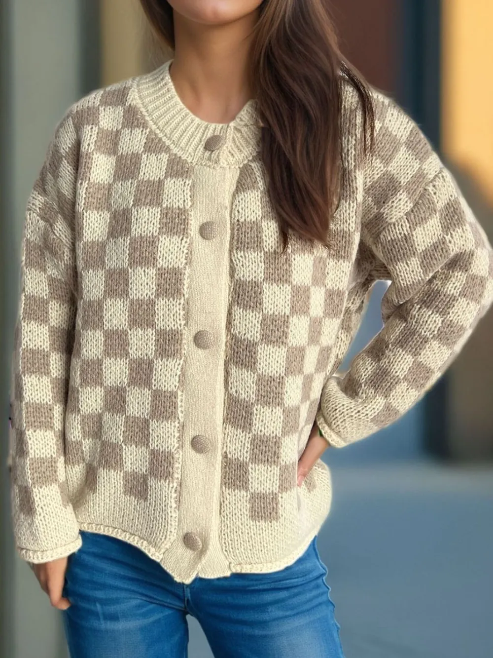 Checkered Button Up Round Neck Cardigan, image 8