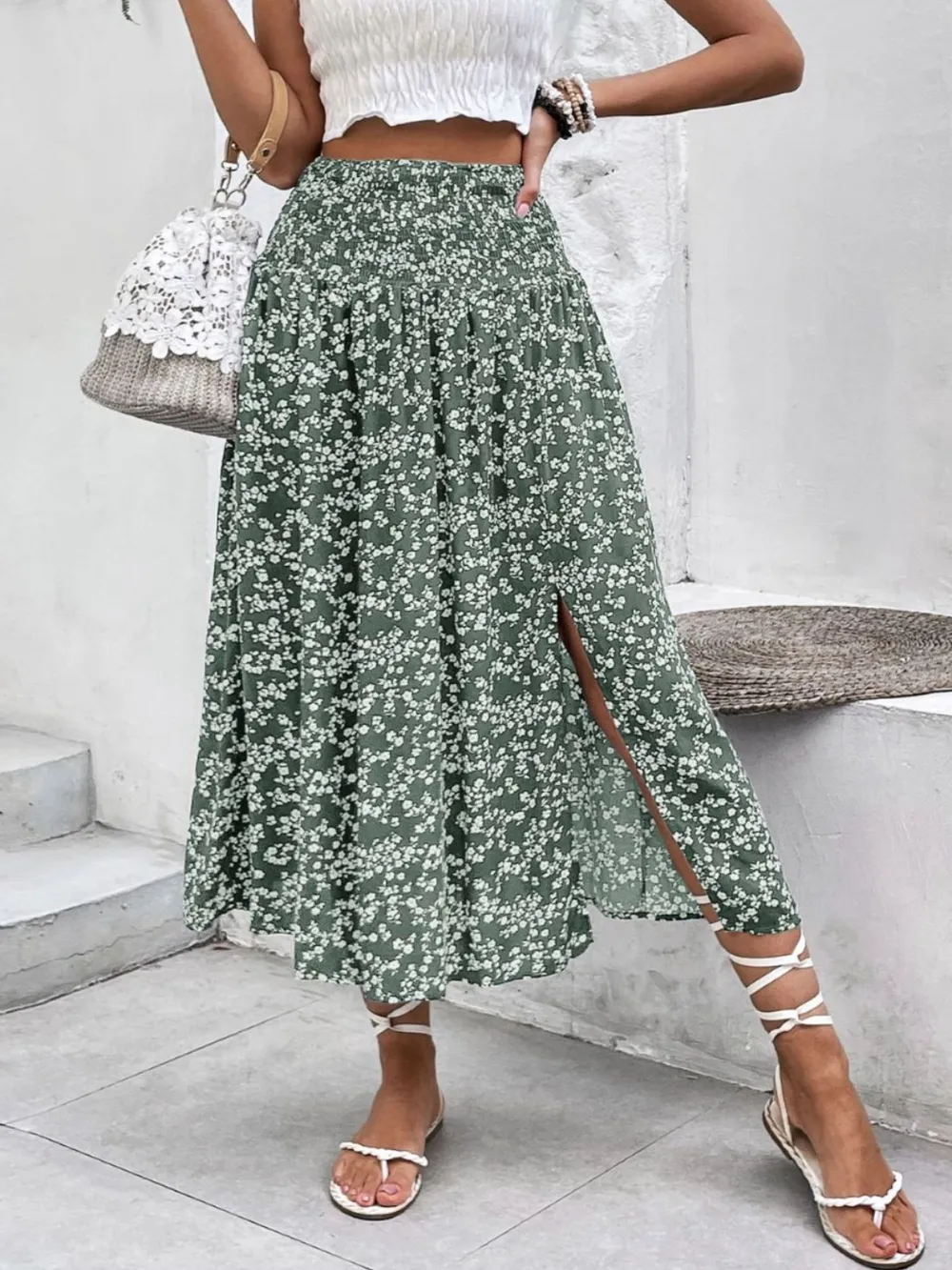 Slit Smocked Printed Skirt, image 12