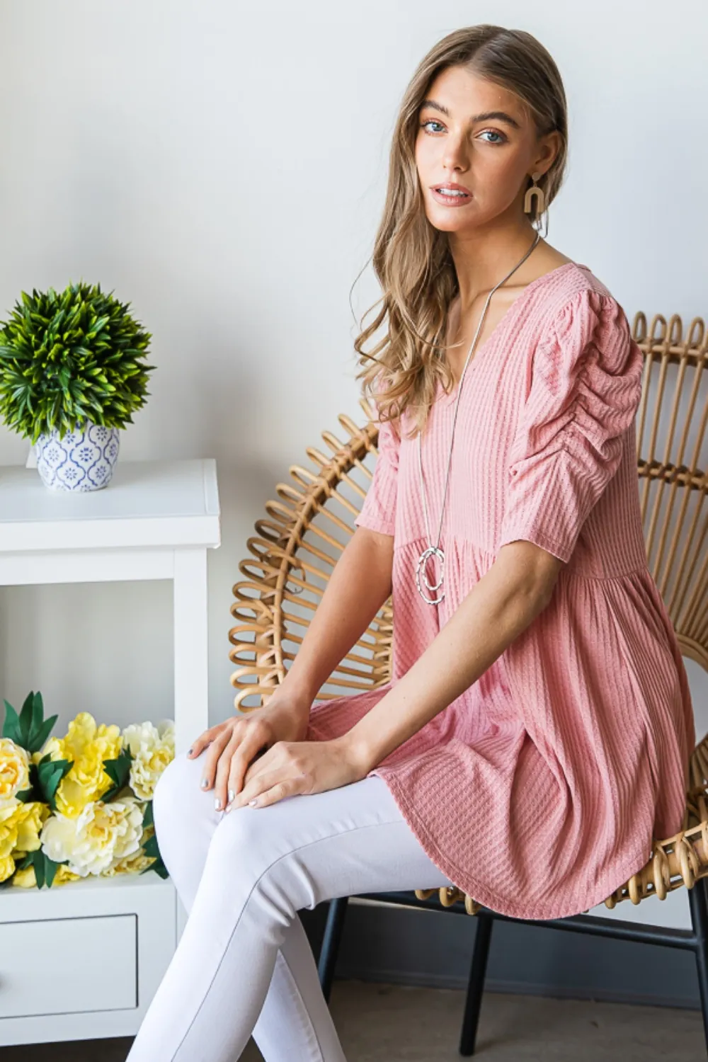 Full Size Waffle Knit V-Neck Babydoll Top, image 10
