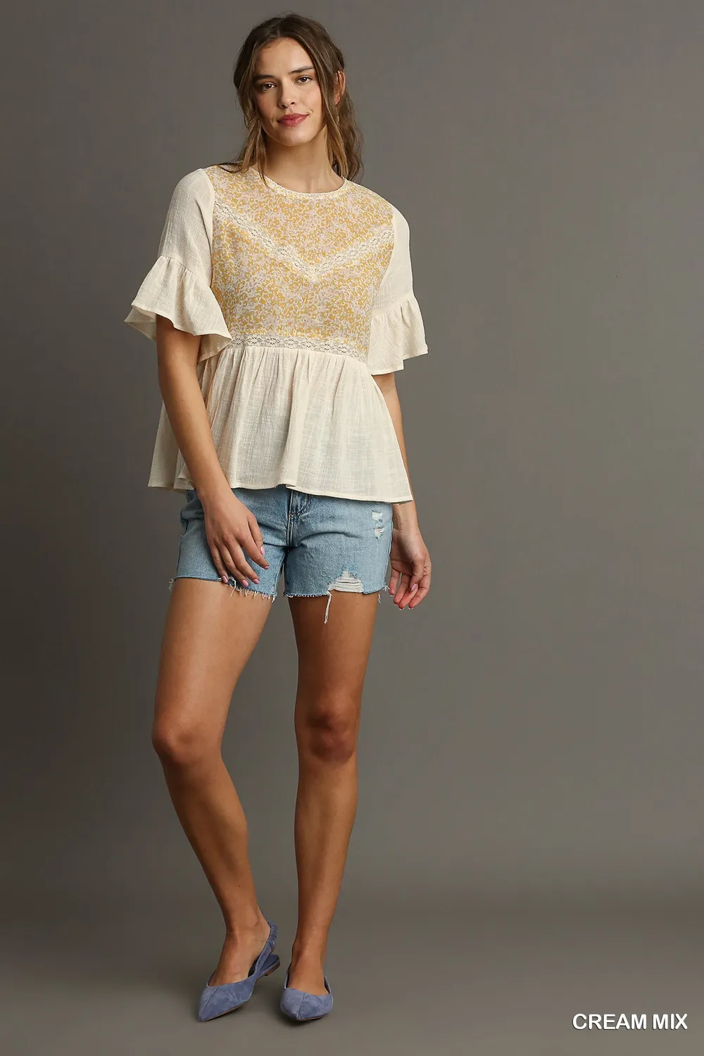 Floral Lace Trimmed Detail Half Sleeve Babydoll Top, image 4