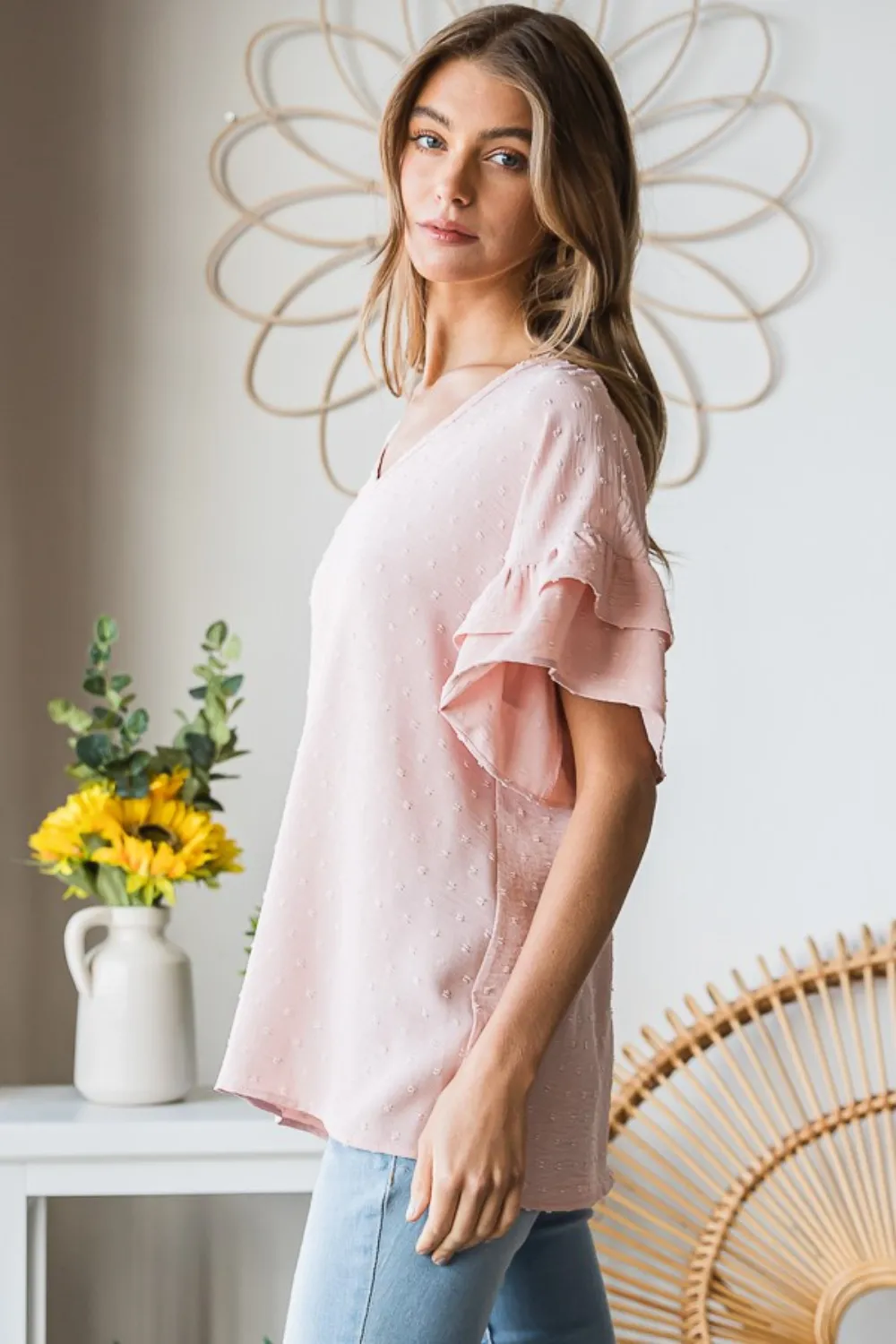 Full Size Swiss Dot Ruffle Short Sleeve Top, image 3