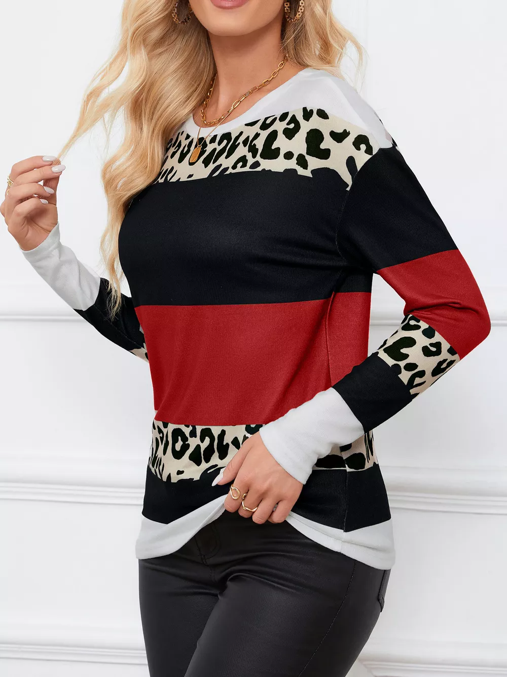 Leopard Color Block Striped Knit Top, image 15