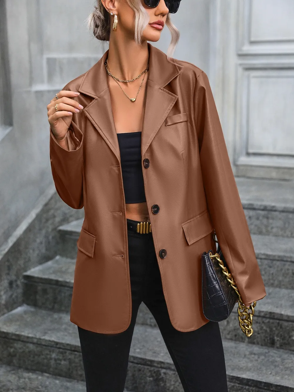 Pocketed Button Up Collared Neck Blazer, image 4