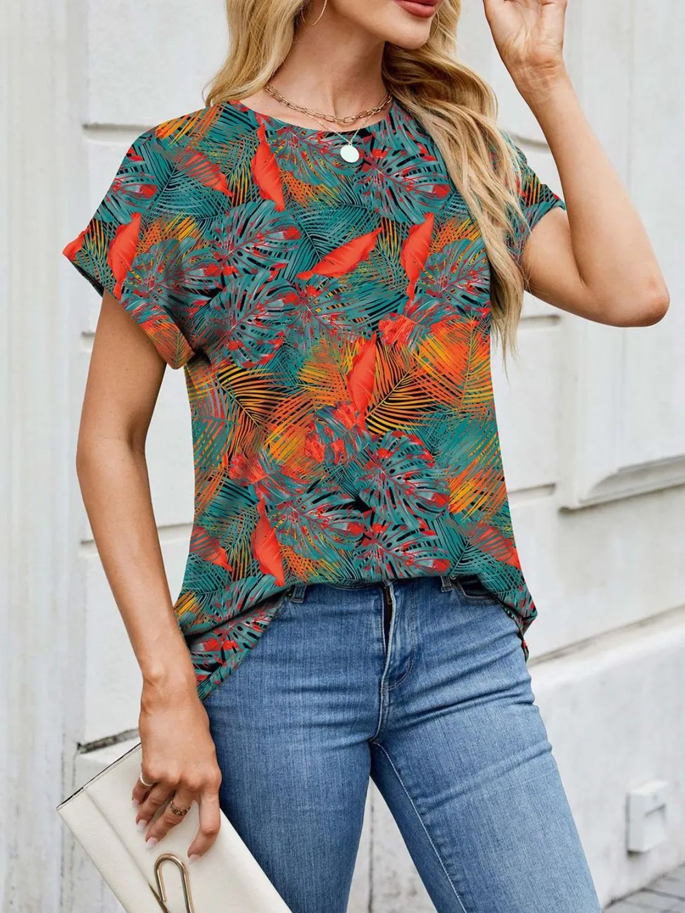Printed Round Neck Short Sleeve Top, image 11