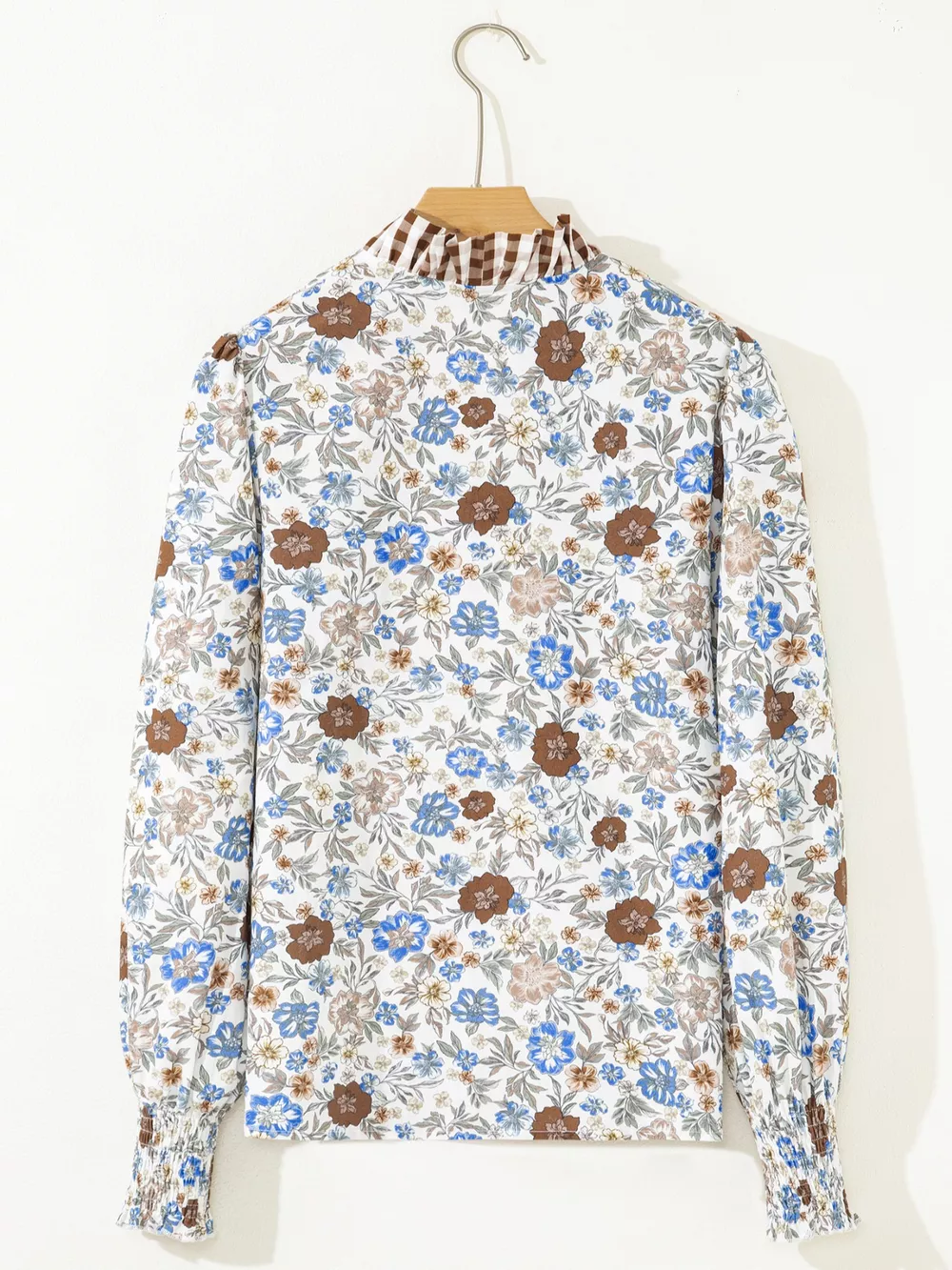 Plaid Frilled Trim V Neck Floral Long Sleeve Blouse, image 7
