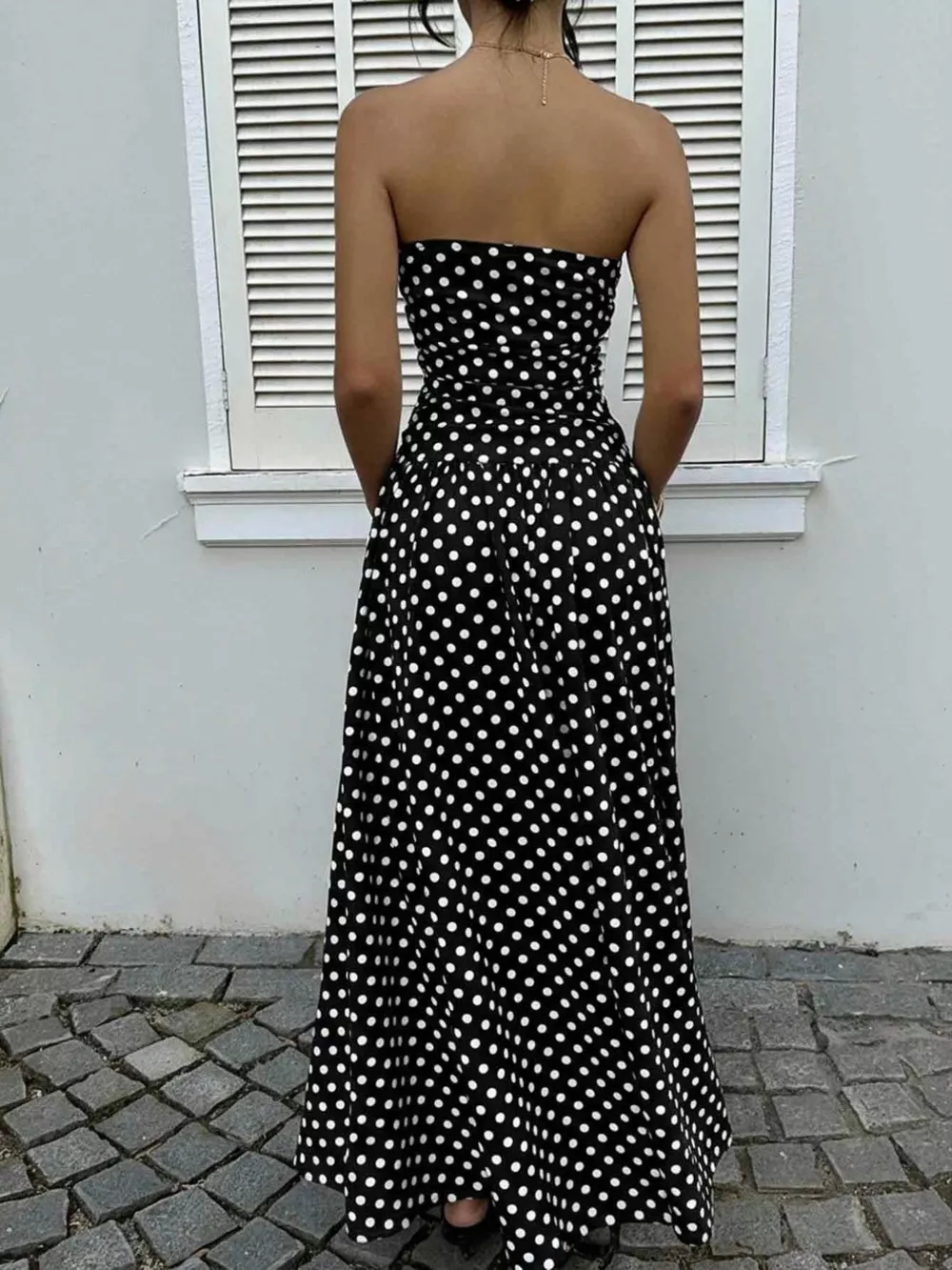 Polka Dot Ruched Strapless Maxi Dress, image 10