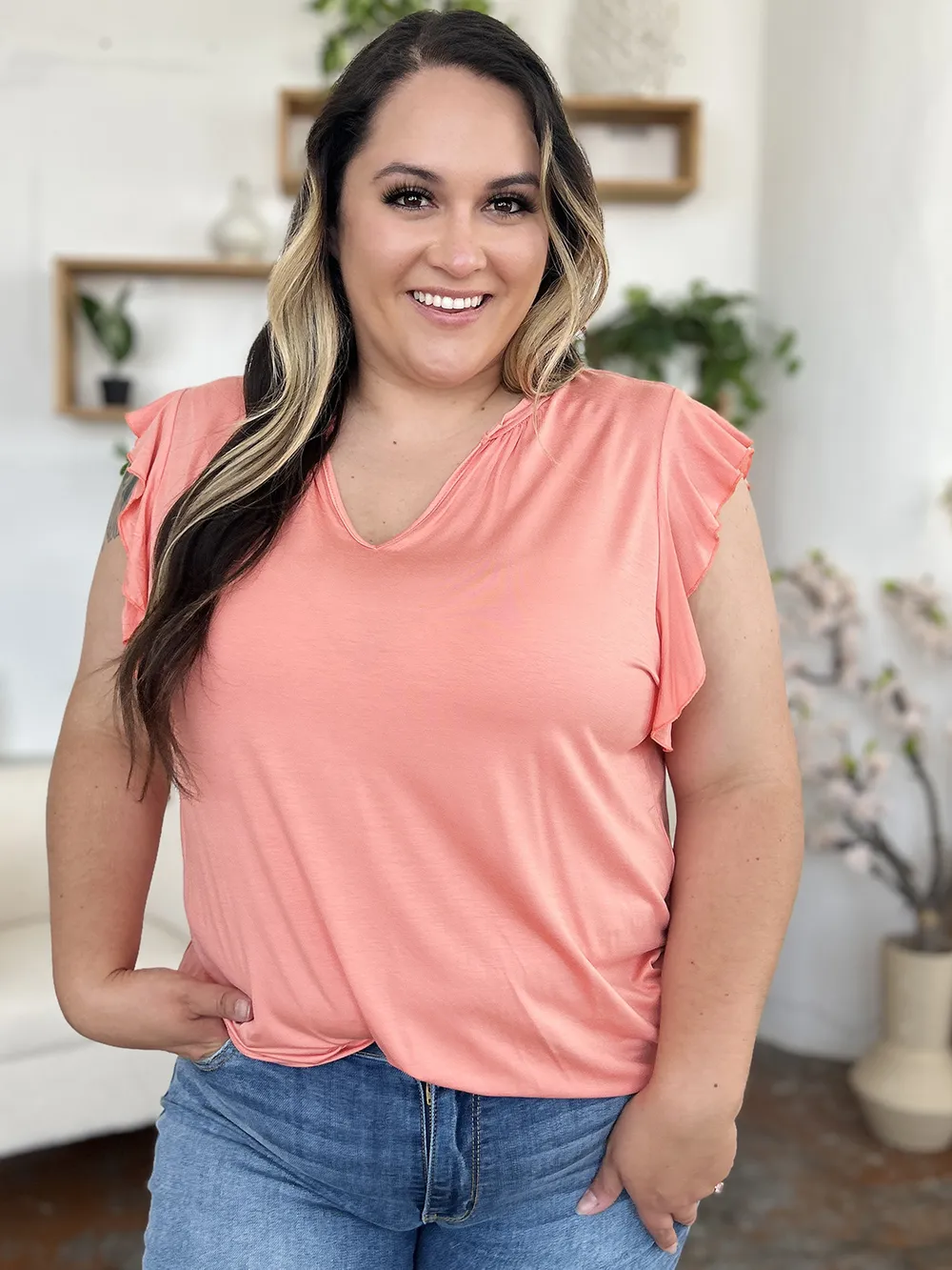 Full Size Bamboo Notched Ruffled Short Sleeve T-Shirt, image 21