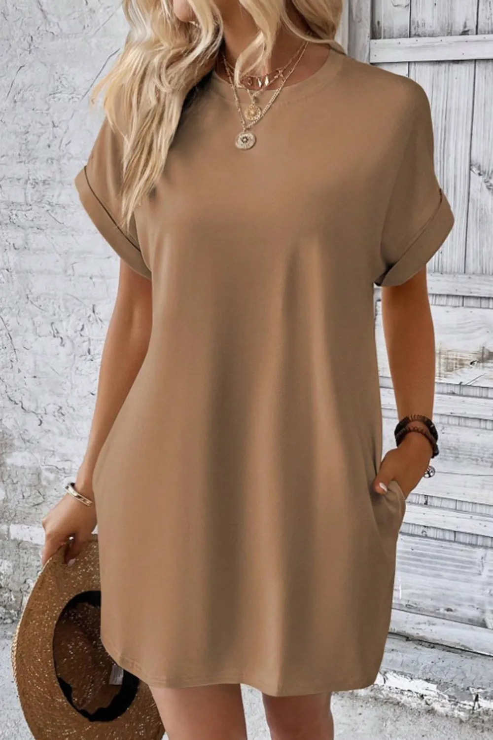 Pocketed Round Neck Short Sleeve Dress, image 17