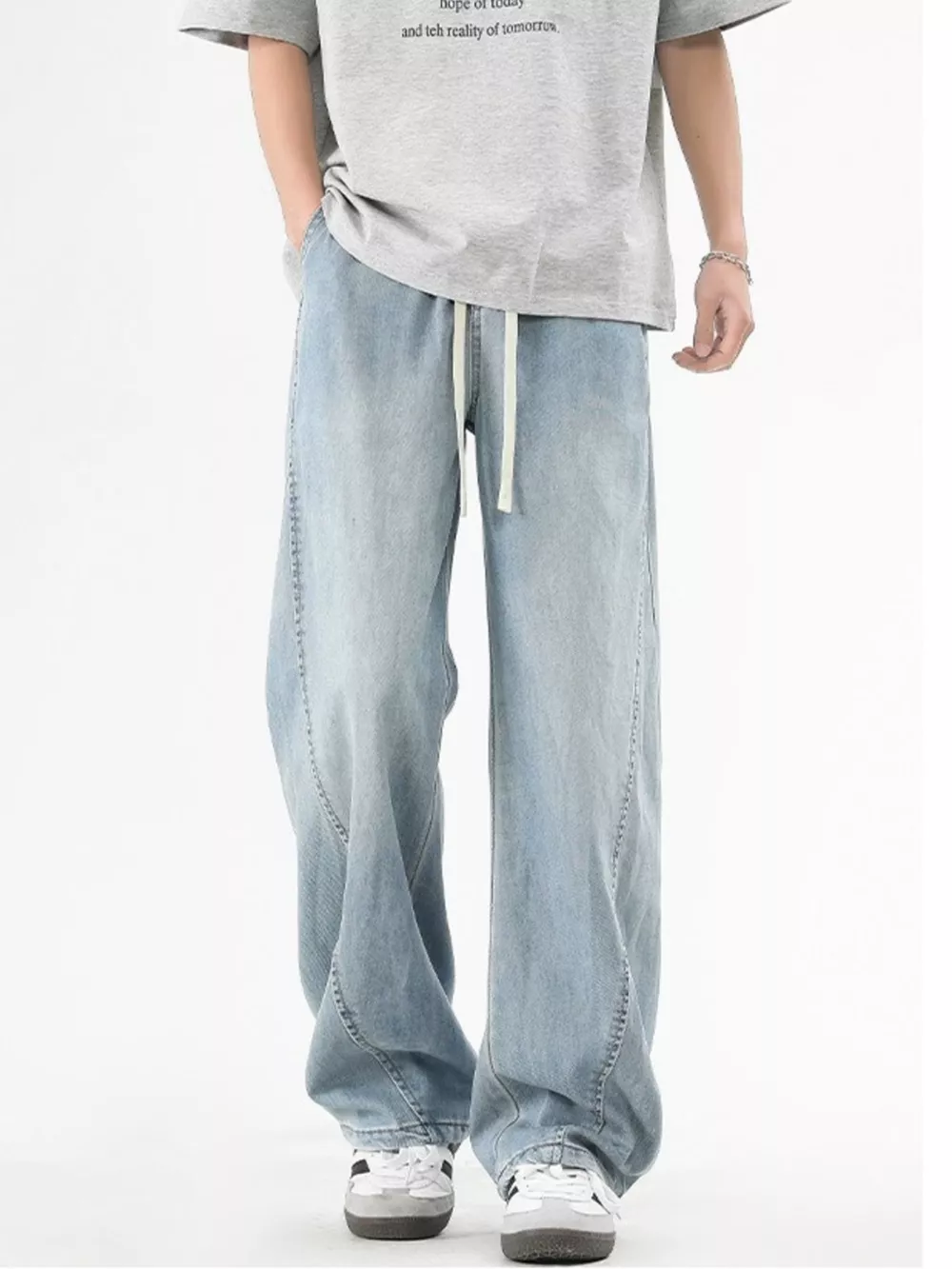 Men's Plus Size Vintage Wide Leg Jeans with Drawstring, image 4