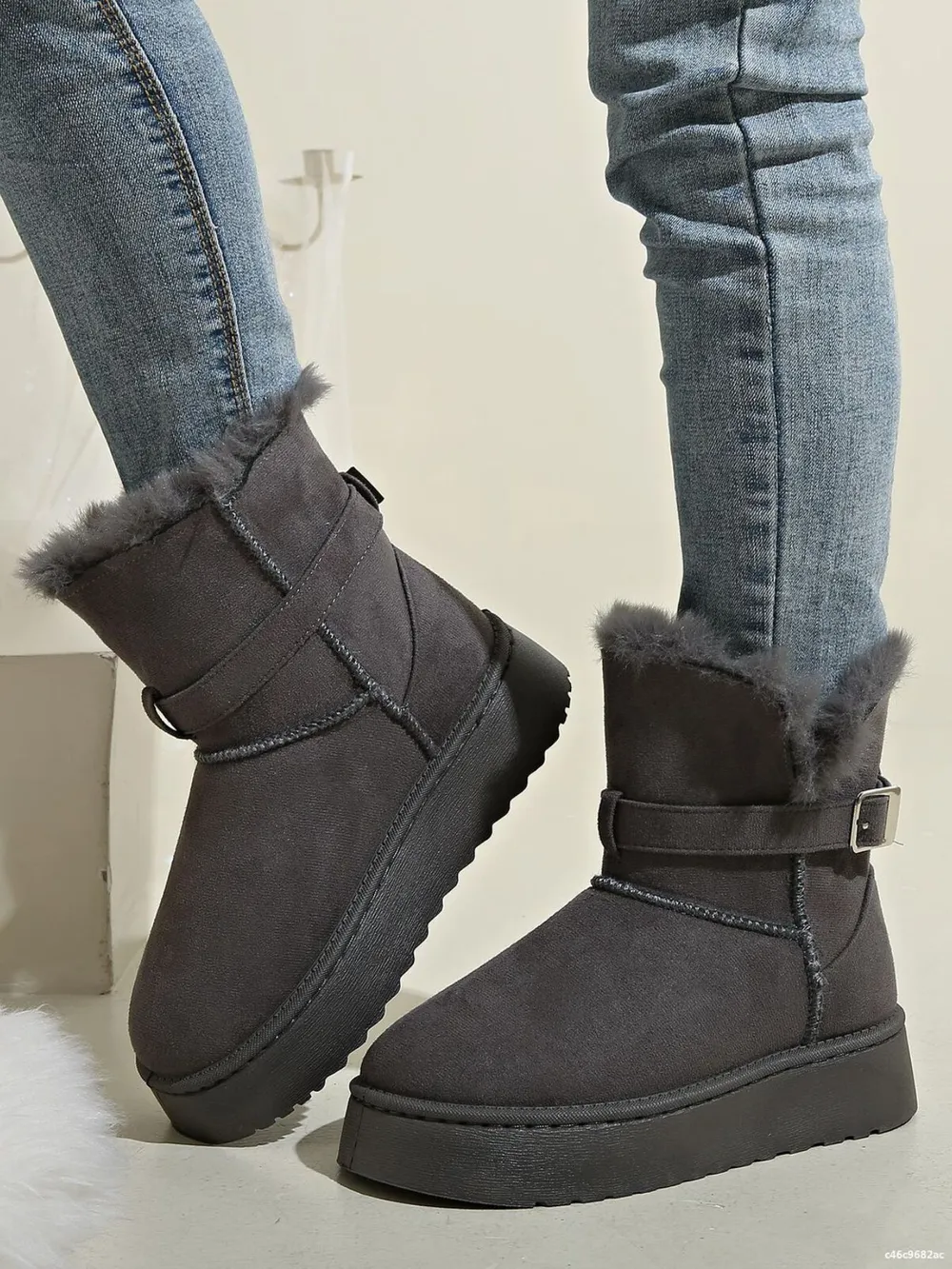 Fur Lining Ankle Boots with Buckle Strap, image 2