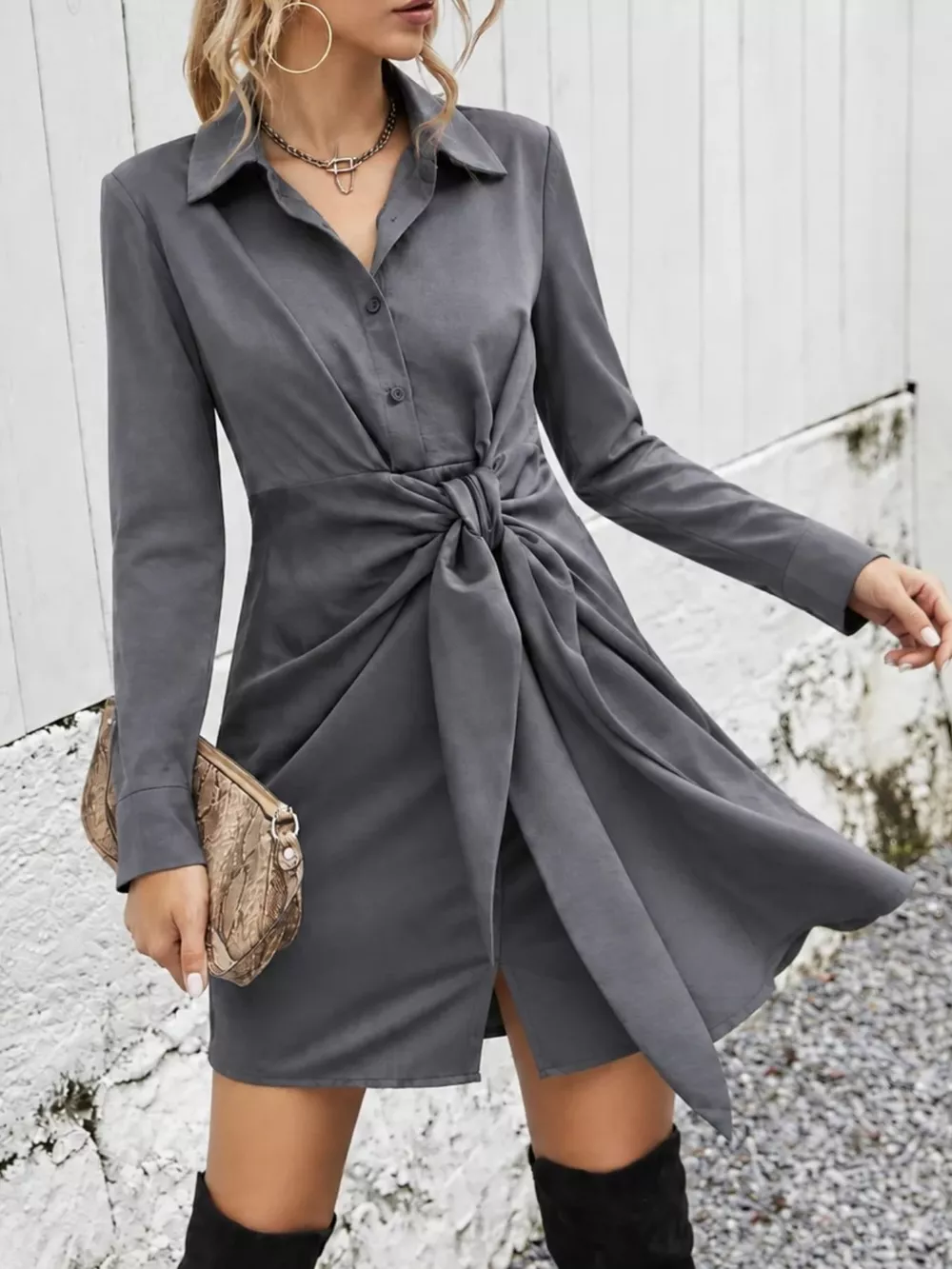 Front-Tie Long Sleeve Shirt Dress, image 4
