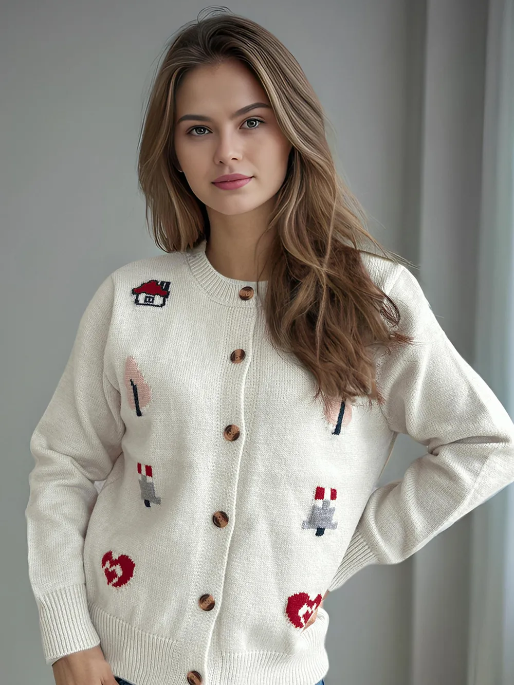 Button Up Round Neck Long Sleeve Cardigan, image 2