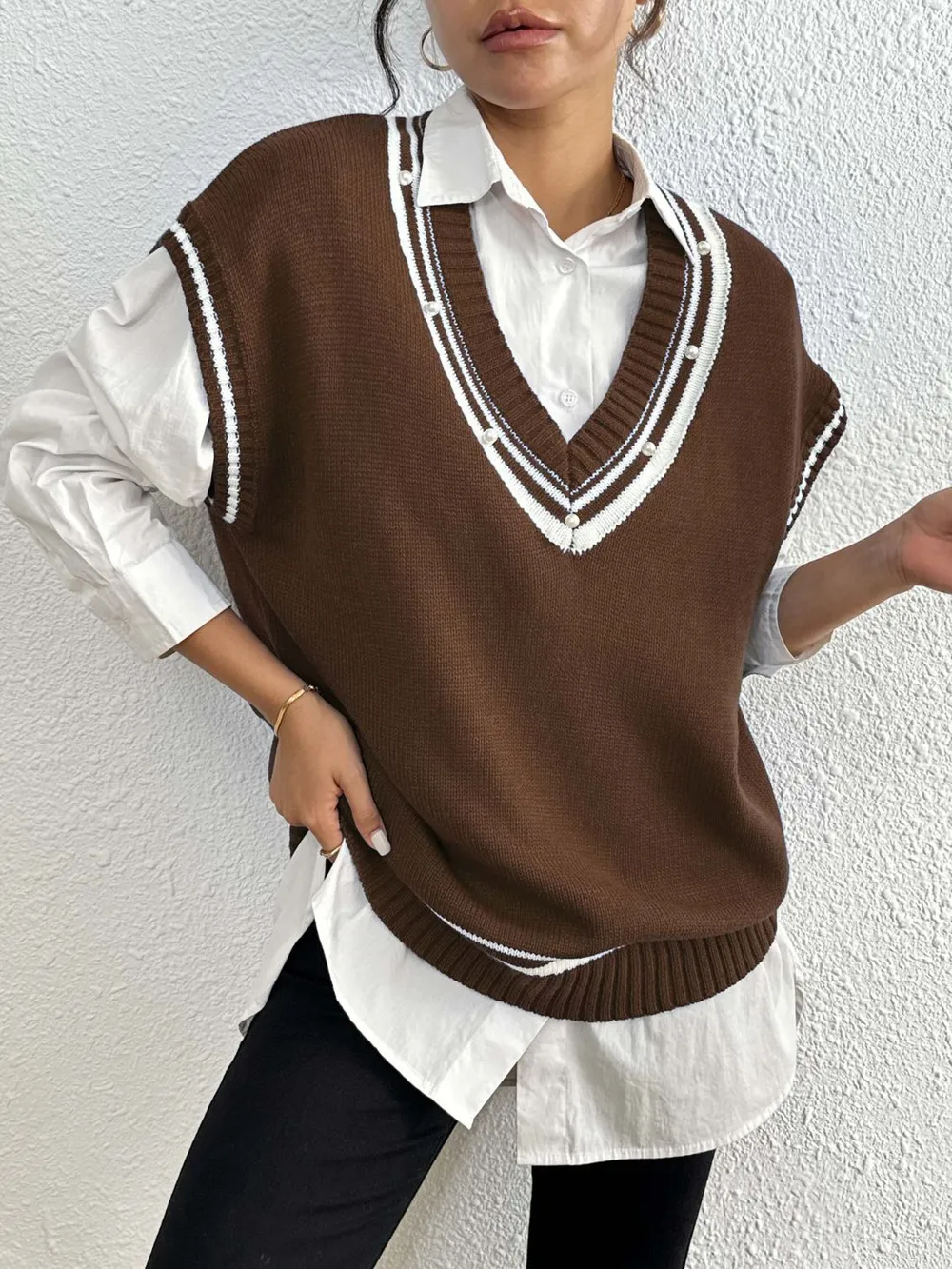 Pearl Trim Contrast V-Neck Sweater Vest, image 7