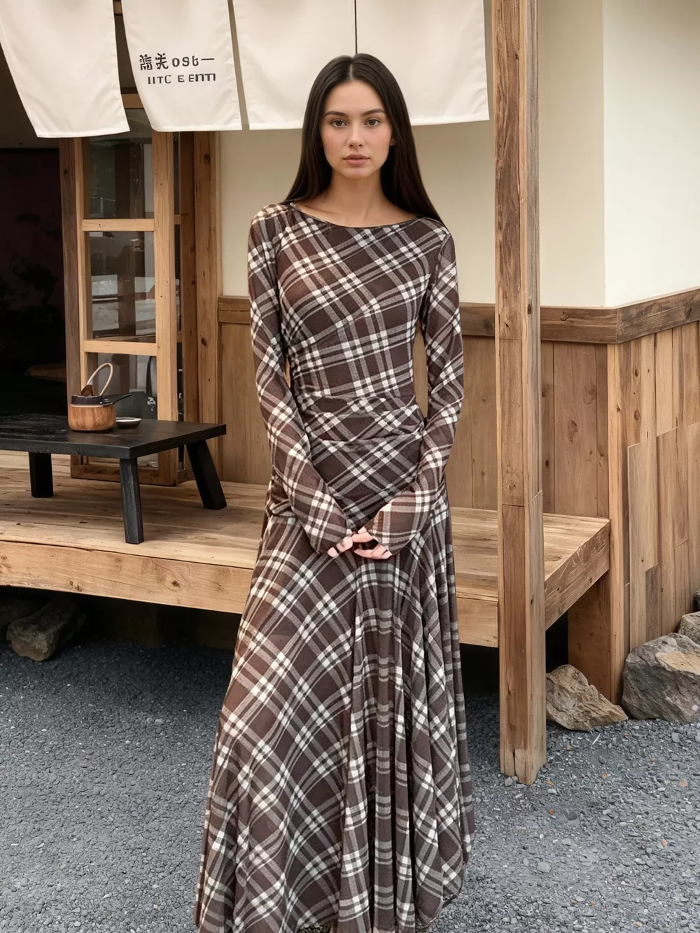 Plaid Long-Sleeve Slim-Fit Maxi Dress, image 2