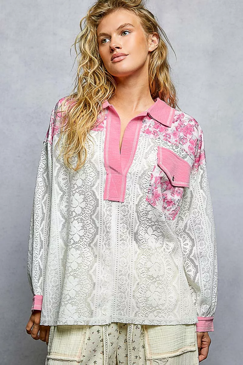 Floral Print Long Sleeve Lace Shirt with Front Pocket, image 4