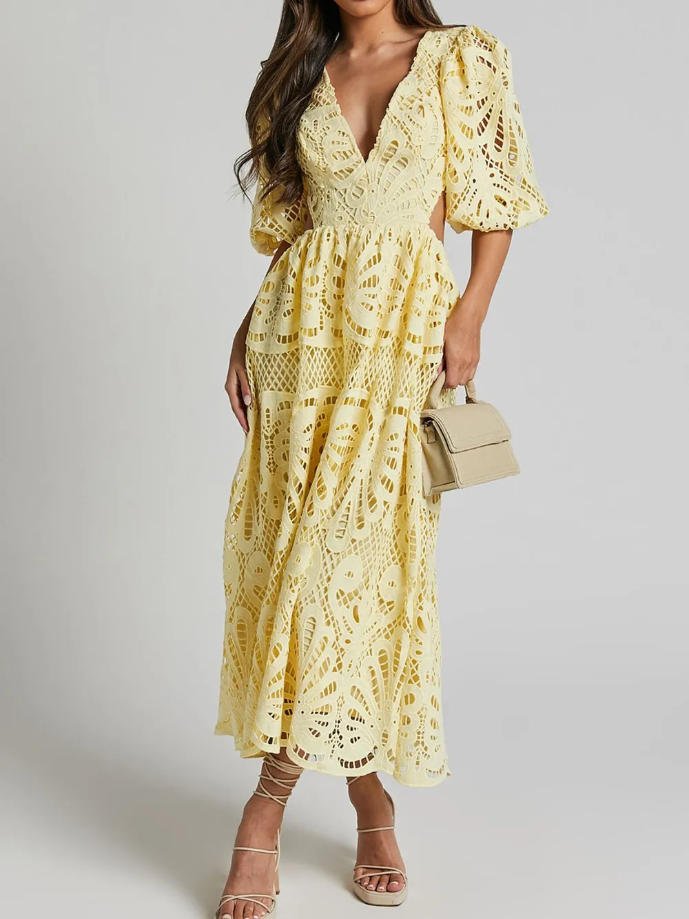 Cutout Back Lace Crochet V-Neck Dress, image 16