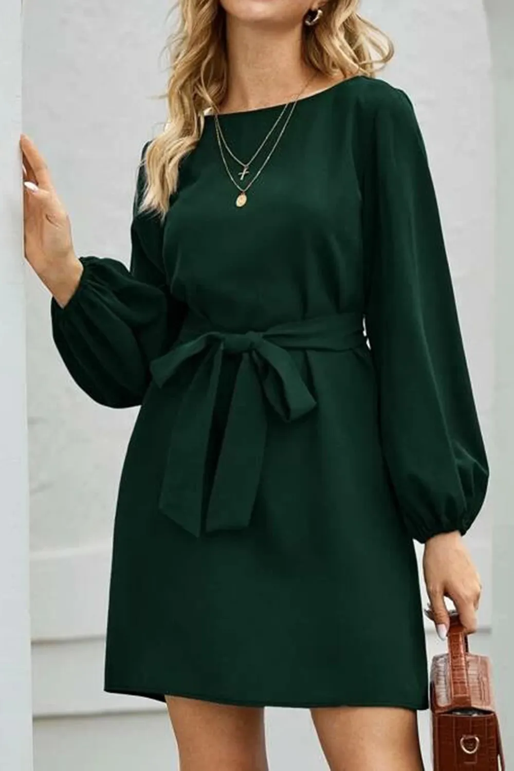 Tied Boat Neck Balloon Sleeve Mini Dress, image 24