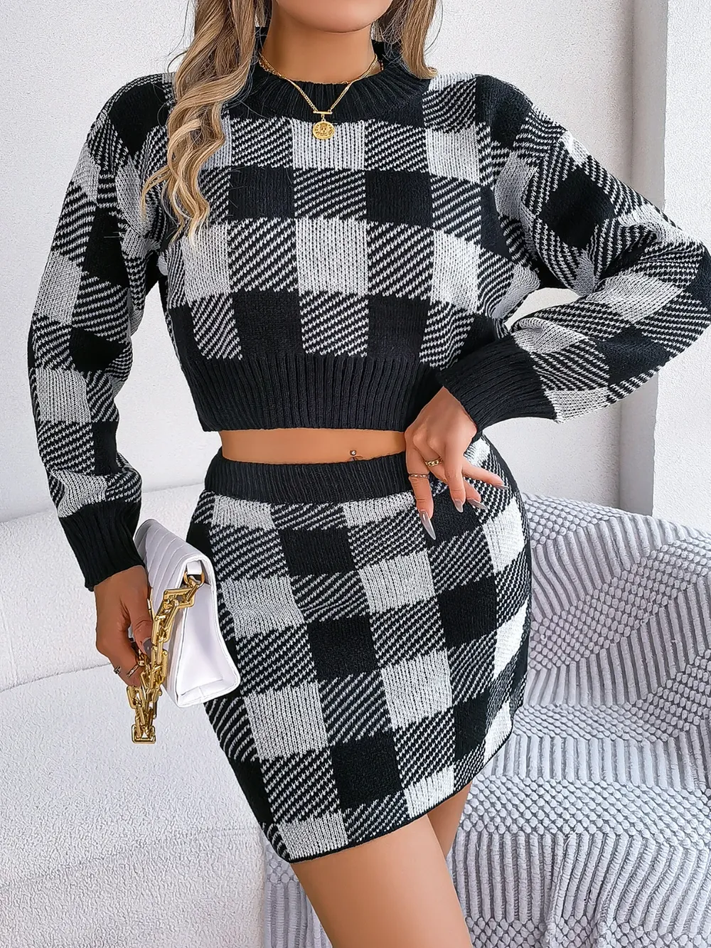 Plaid Round Neck Top and Skirt Sweater Set, image 11