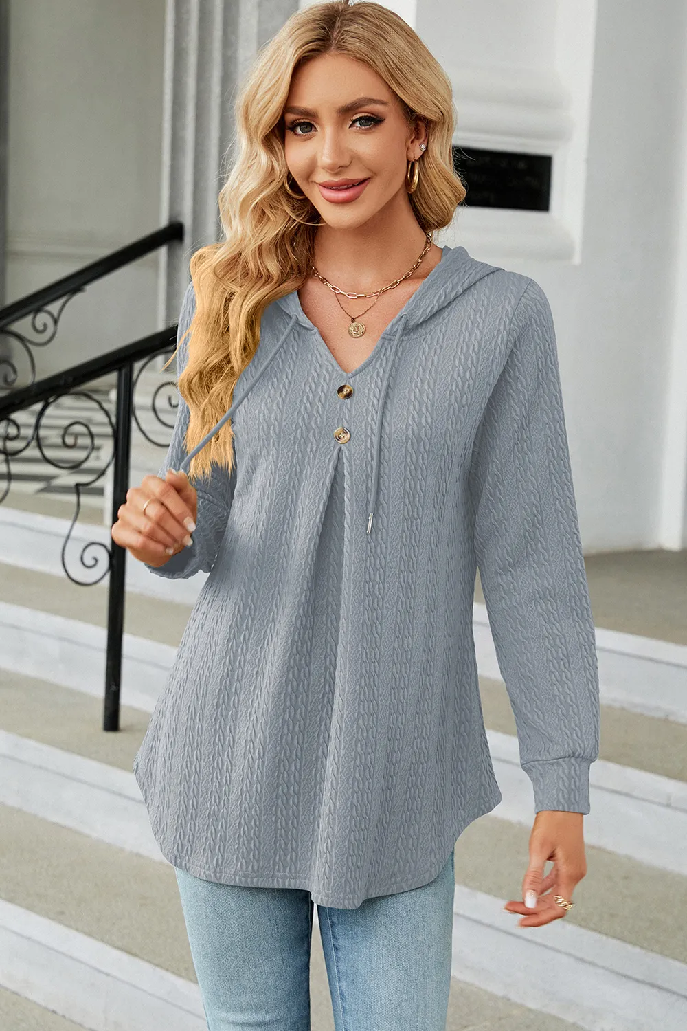 Decorative Button Drawstring Long Sleeve Hoodie, image 13