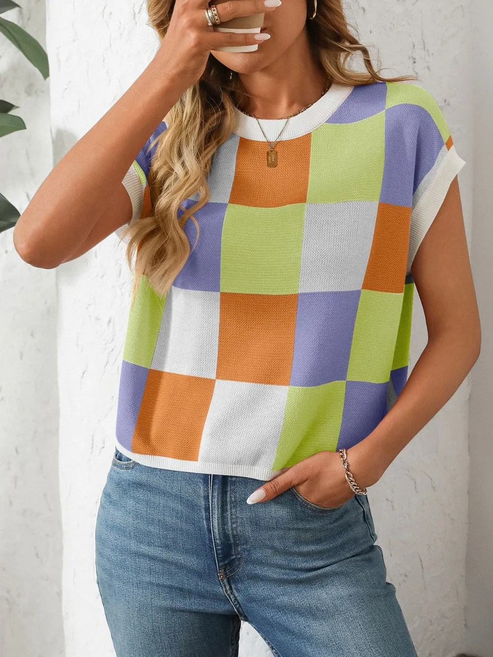 Checkered Round Neck Cap Sleeve Knit Top, image 28