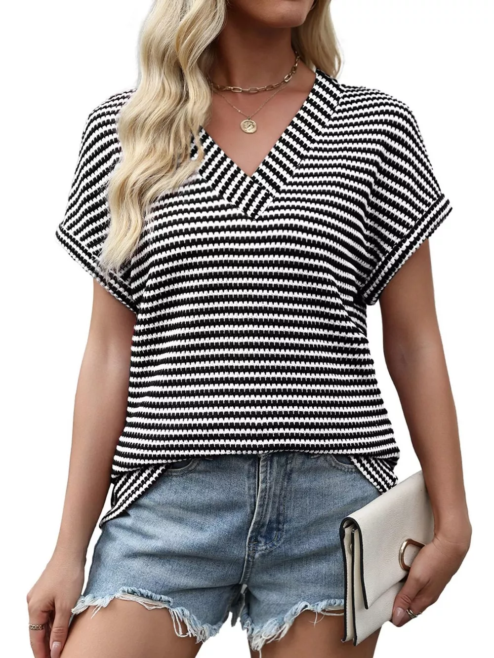 Striped V-Neck Relaxed Fit T-Shirt, image 5