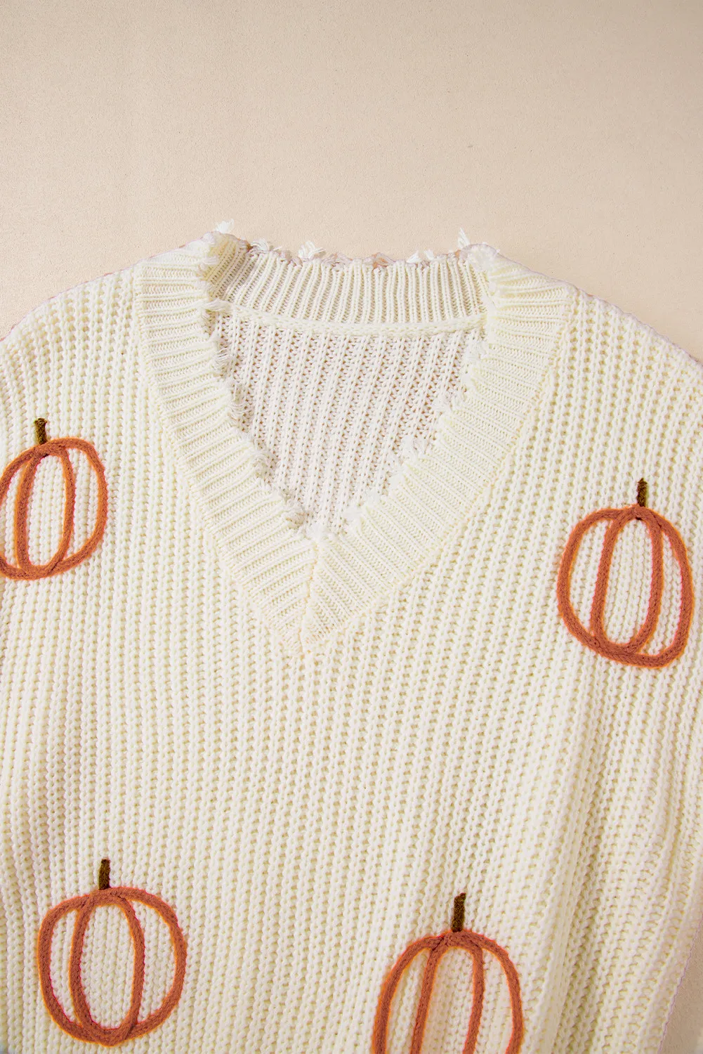 Raw Hem Pumpkin V-Neck Long Sleeve Sweater, image 4
