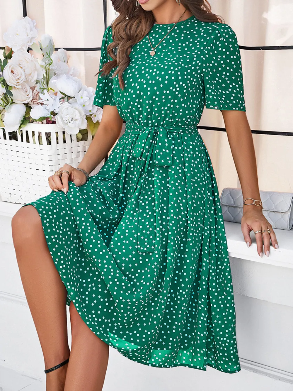 Printed Round Neck Short Sleeve Dress, image 7