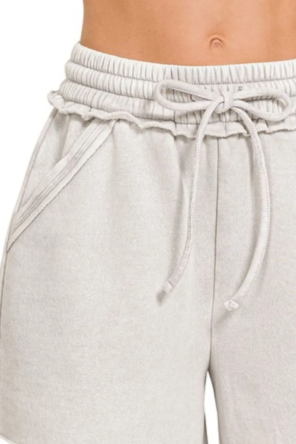 Acid Wash Fleece Drawstring Shorts With Pockets, image 2
