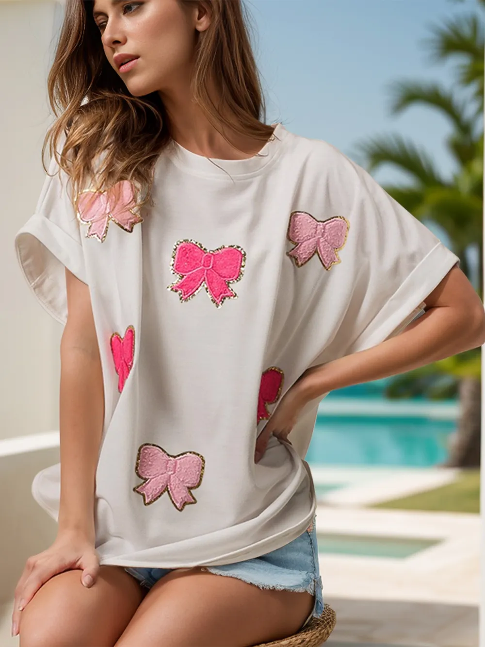 Bow Round Neck Short Sleeve T-Shirt, image 3
