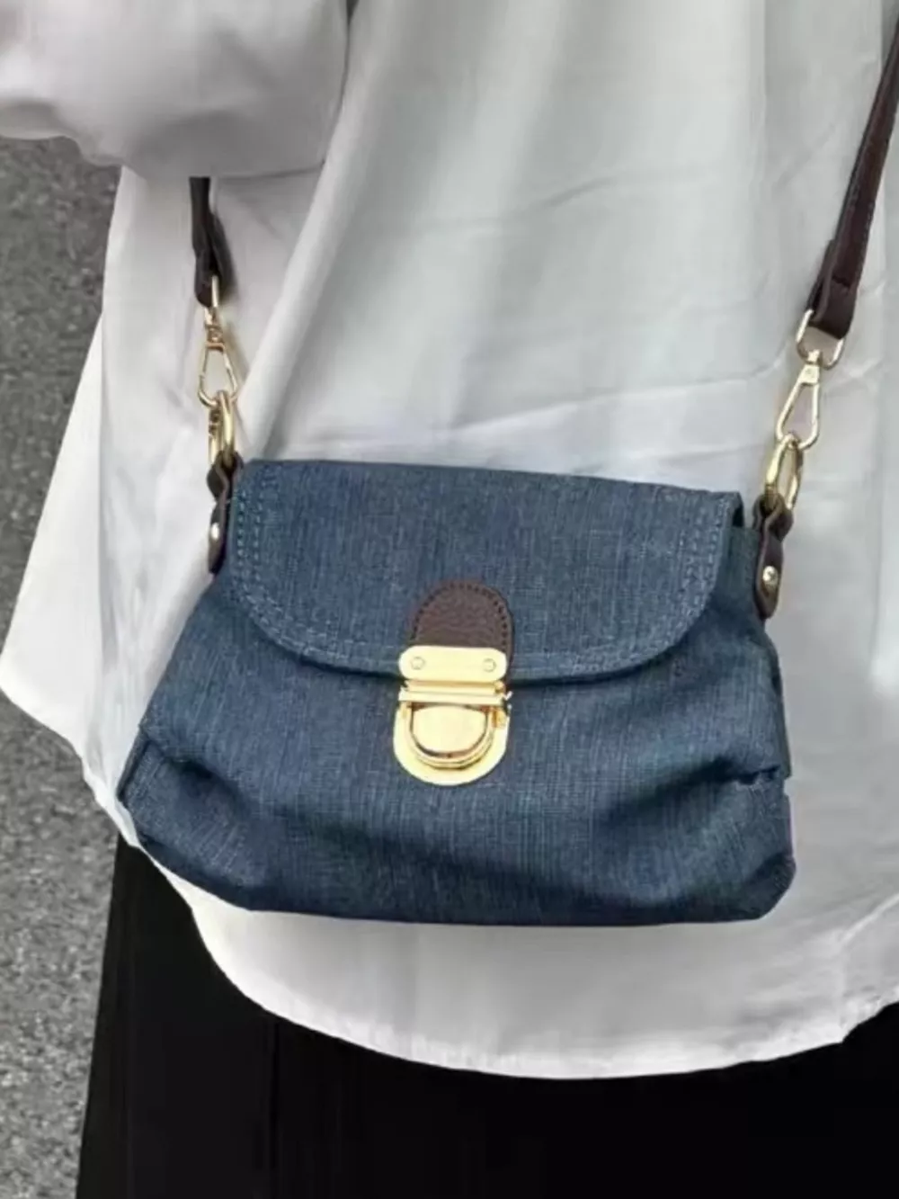 Denim Flap Shoulder Bag with Golden Clasp, image 7