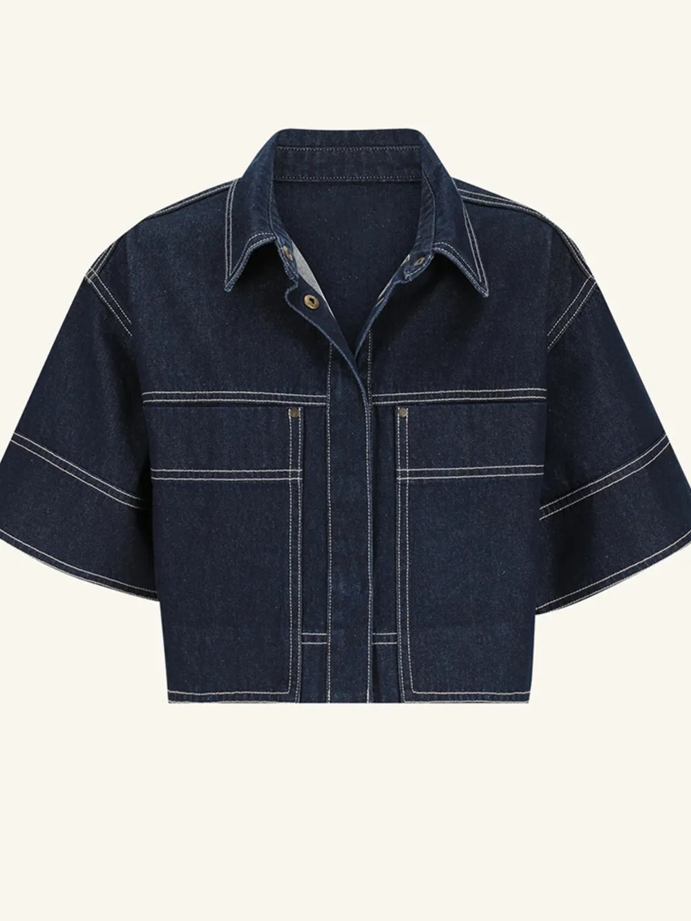 Cropped Short Sleeve Contrast Stitch Denim Top, image 2