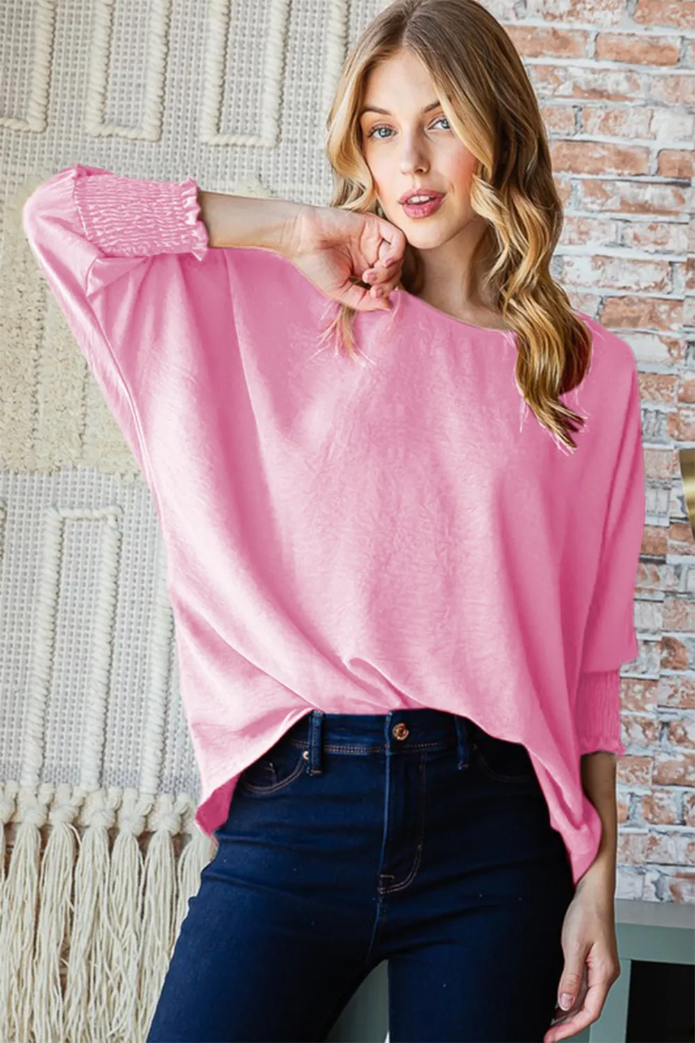 Texture Round Neck Smocked Half Sleeve Top, image 3