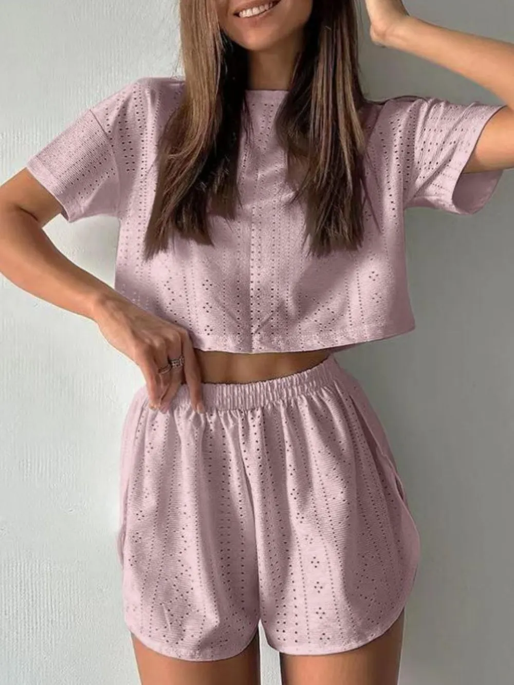 Eyelet Round Neck Top and Shorts Set, image 6