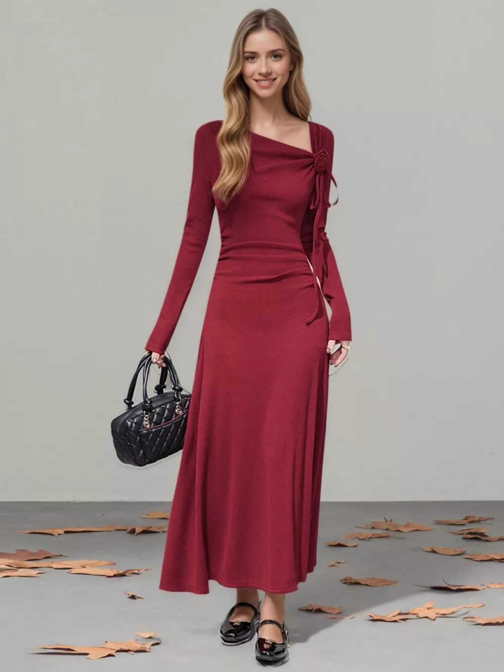 Flower Asymmetrical Neckline Long Sleeve Dress