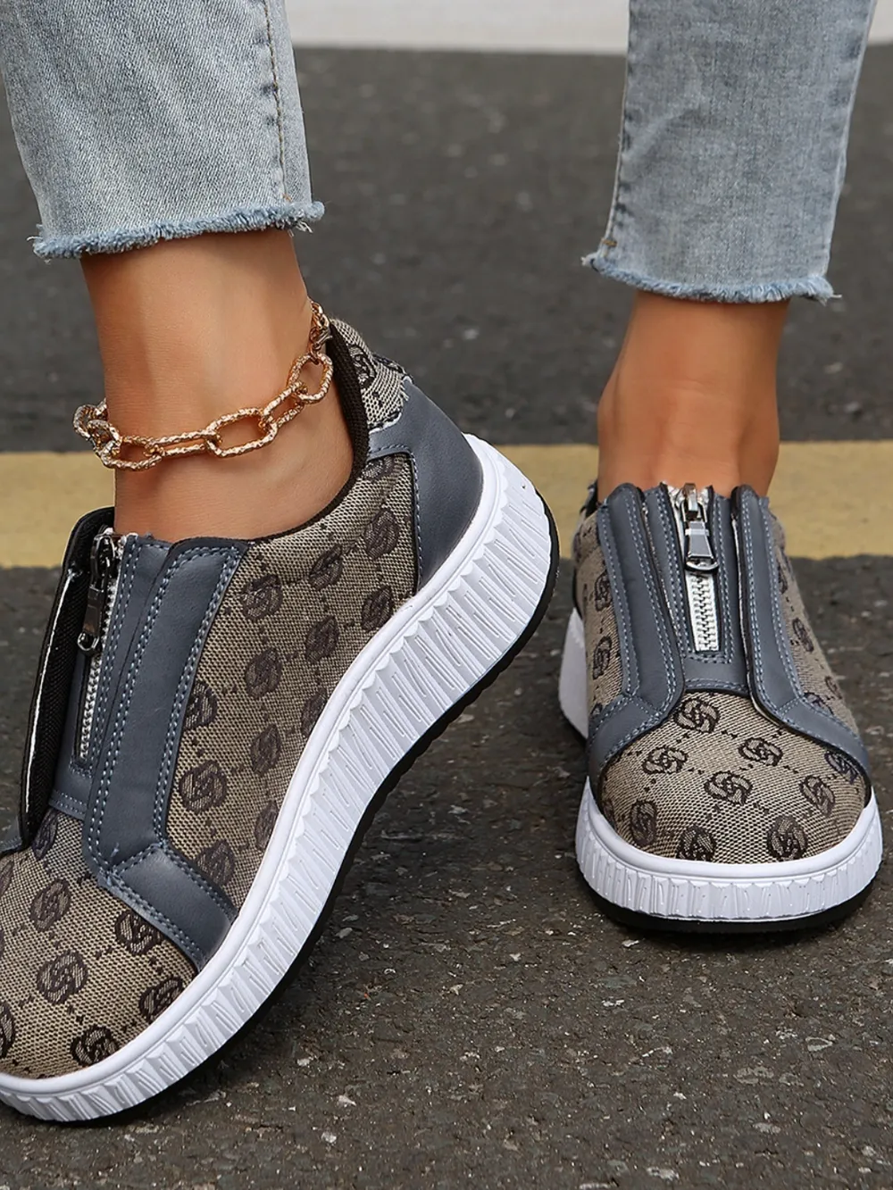 Floral Round Toe Sneakers with Zip, image 4