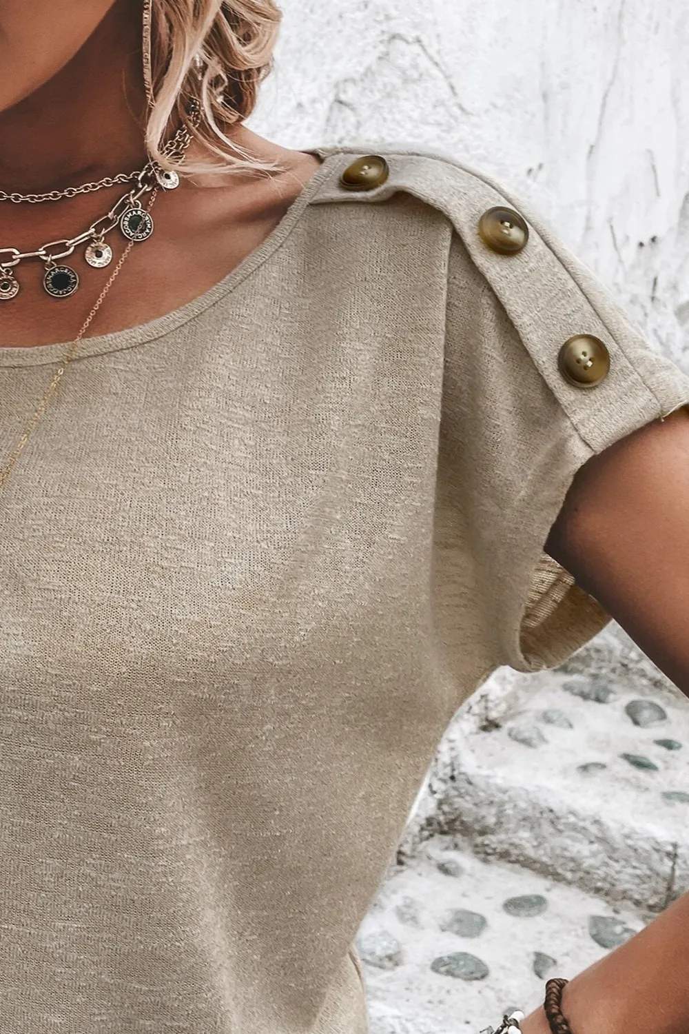 Decorative Button Round Neck Short Sleeve Blouse, image 5