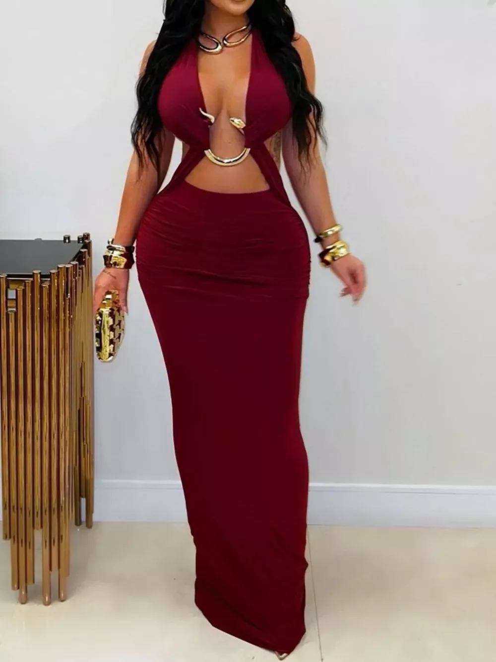 Backless Cut-Out Maxi Dress with Gold Hardware Detail, image 2