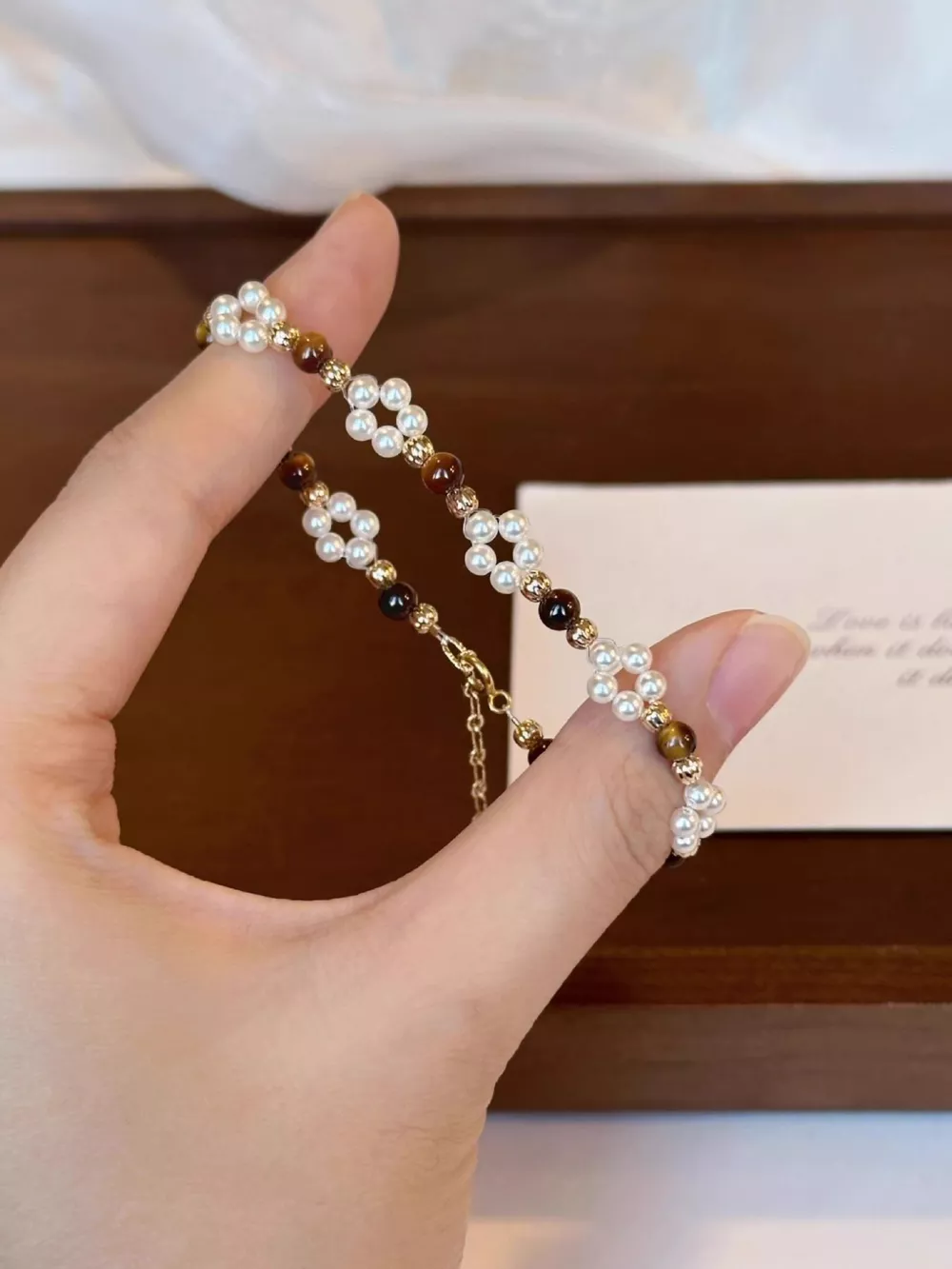 Pearl & Tiger Eye Stone Beaded Bracelet, image 3