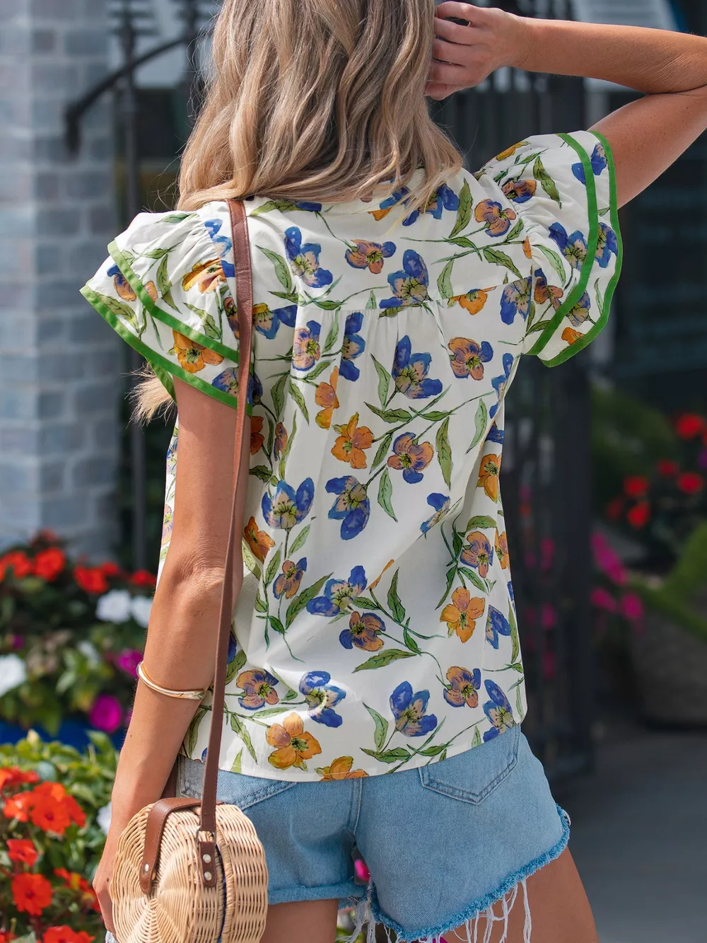 Floral Print Ruffle V-Neck Pressed Pleats Binding Tape Cotton Blouse, image 2