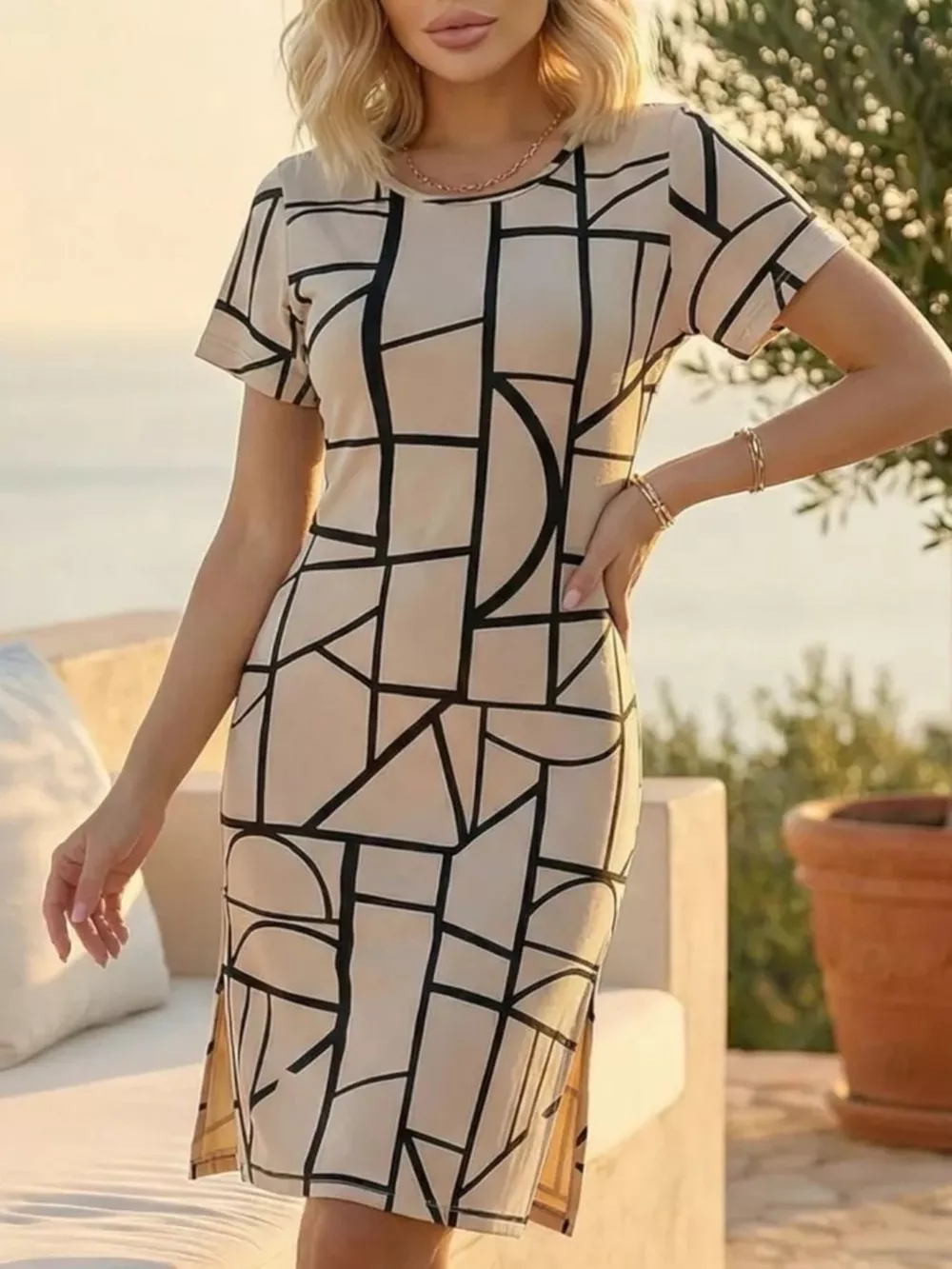 Full Size Geometric Print Midi Dress with Side Slit Plus Size, image 4