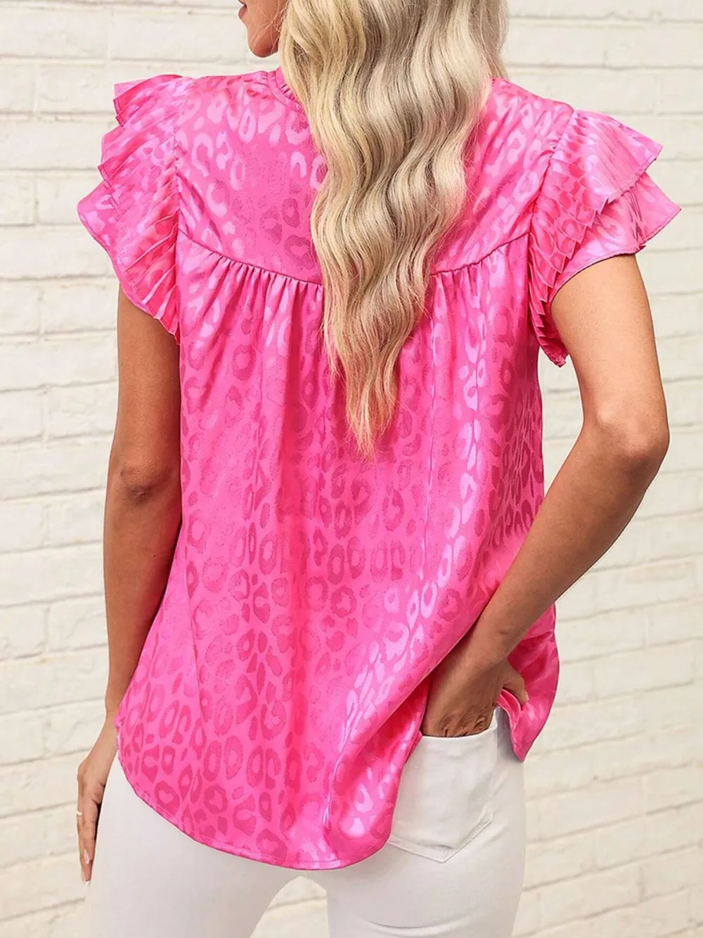 Leopard Frill Mock Neck Ruffled Cap Sleeve Top, image 5