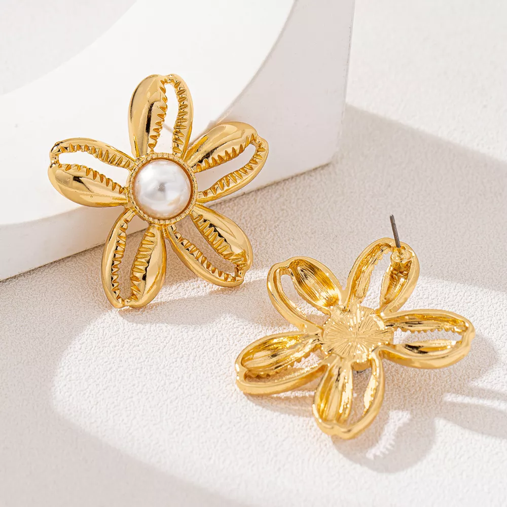 18K Gold-Plated Gold Flower Synthetic Pearl Stud Earrings, image 5