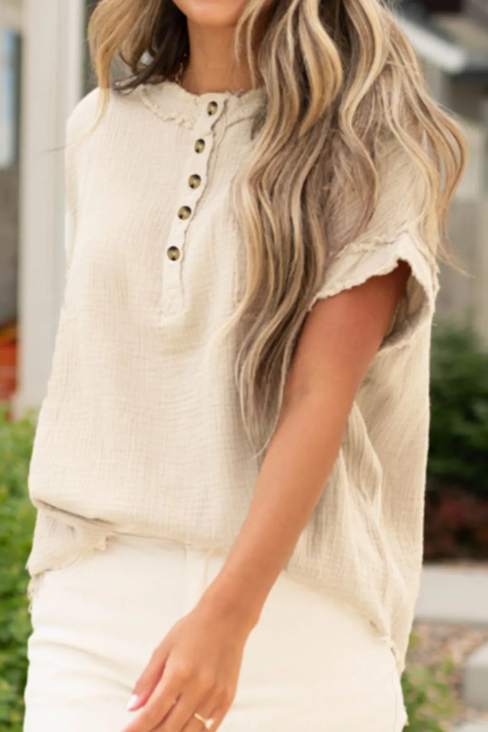 Textured Frayed Trim Half Button Short Sleeve Top, image 12