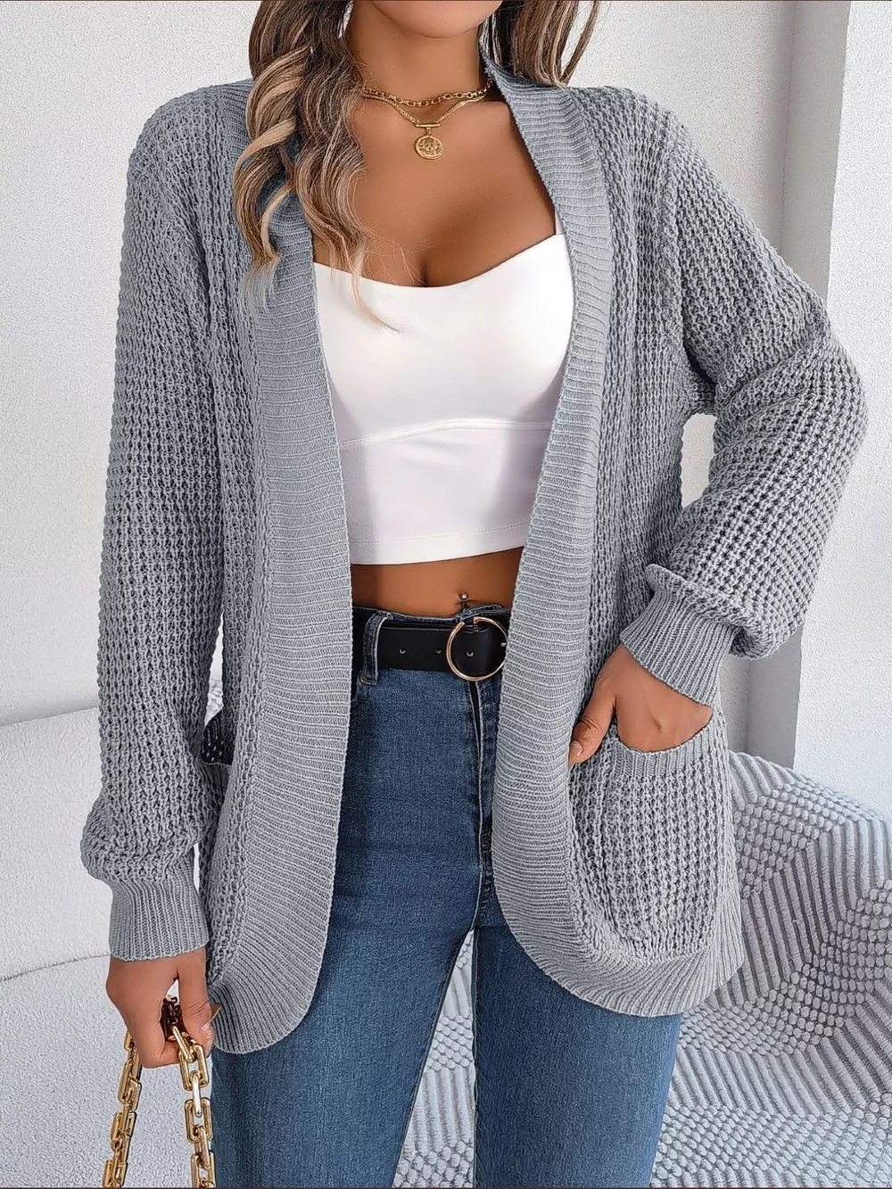 Chunky Knit Open Front Cardigan with Pockets, image 24