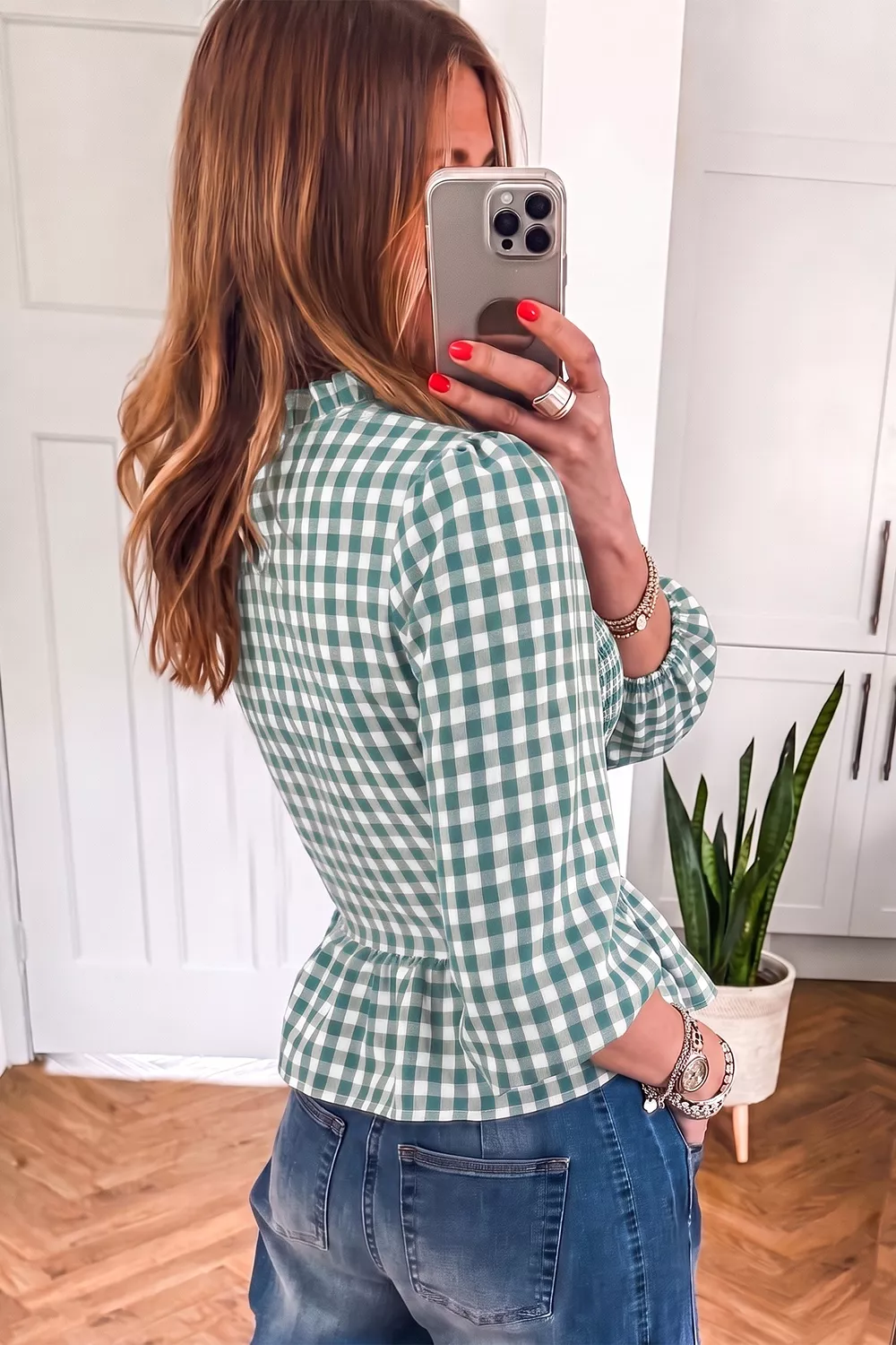 3/4 Sleeve Shirred Plaid Peplum Top, image 2