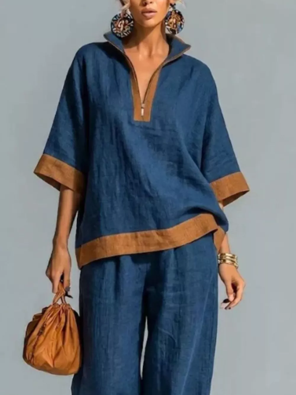 Full Size Contrast Trim Top and Wide Leg Pants Set Plus Size, image 11