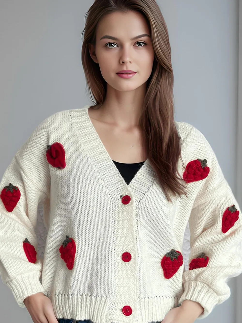 Crochet Strawberry V-Neck Long Sleeve Cardigan, image 2